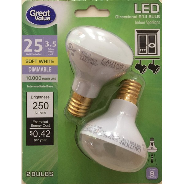 Great Value R14 LED Indoor Spotlight Soft White Dimmable E17 Intermediate Base 25 Watt Equivalent (2-Bulb Pack)