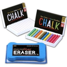 Dustless Chalk With Microfiber Eraser (Washable &amp; Reusable) (12 White Chalks + 12 Colored Eraser) - Color: 12 White Chalks + 12 Colored Chalks + Eraser