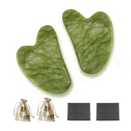 Gua Sha Facial Tool - 2Pcs Natural Jade Guasha Stone for Face and Body Anti-aging Firming, Gua Sha Massage Tool with 2 Boxes & 2 Bags (Jade Green)