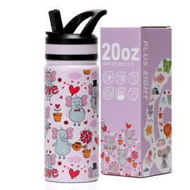 pluseight Kids Insulated Water Bottle with Straw Lid, 600ml BPA-FREE Double Wall Vacuum Tumbler 18/8 Stainless Steel Leak Proof Kids Cups with Straw for School Travel Boys Girls (Love Elephant)