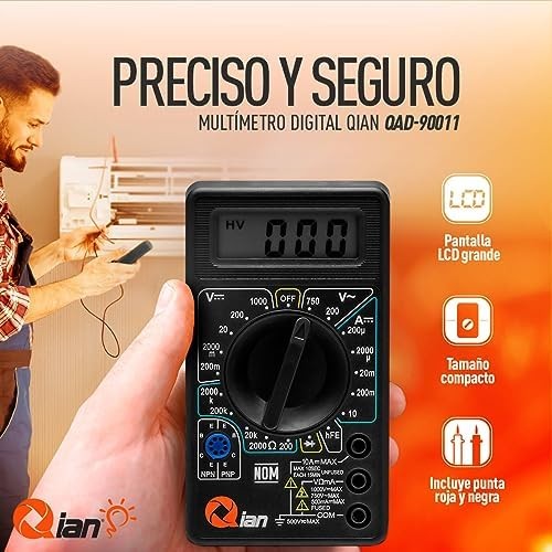 QIAN Multimetro Digital Pantalla LCD 3 12 digitos -Mide Voltaje ACDC, Corriente CC y Resistencia - Incluye Punta Negra y Roja (QAD-90011)