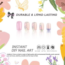 Flower Press on Nails Medium Square MABKJLF Purple French Tip Fake Nails Pink False Nails with Floral Designs Full Cover Glossy Glue on Nails Spring Acrylic Nails for Women Girls 24 Pcs