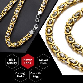 ChainsHouse Men 18K Gold Plated 6mm Wide Byzantine Link Chain Necklace Gold Silver Tone, 18", Send Gift Box