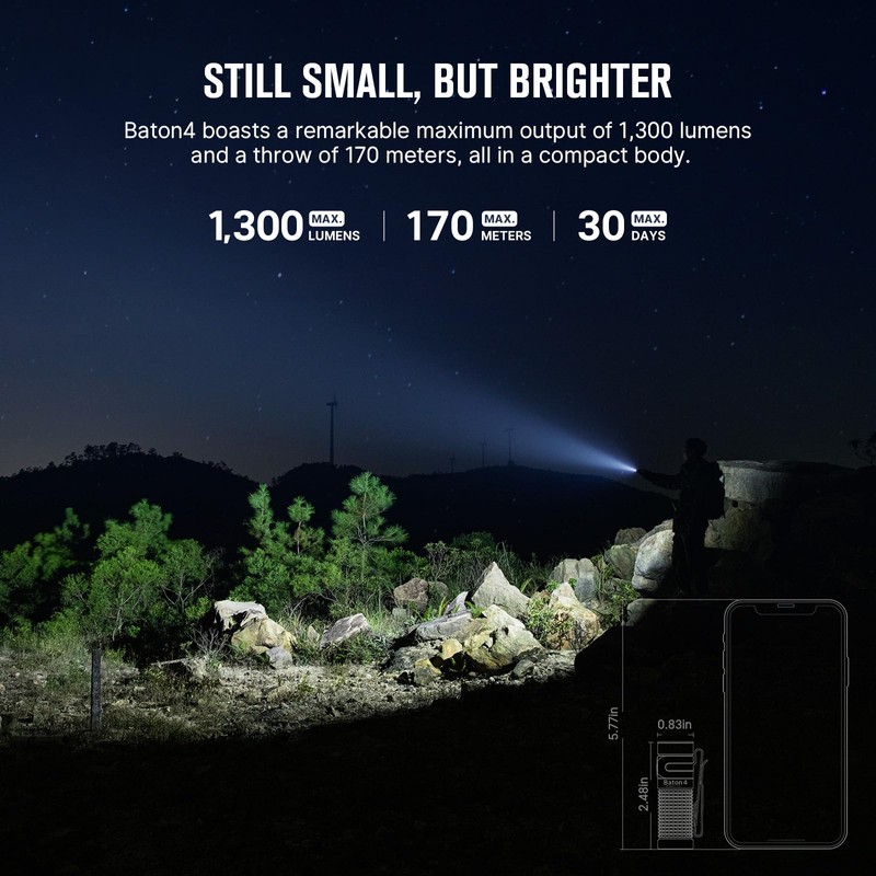 OLIGHT Baton4 Rechargeable EDC Flashlight, Bright LED Flashlight 1300 Lumens