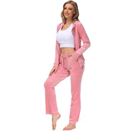 ANOTHER CHOICE Velour Tracksuit Women 2 Piece Zip-Up Velvet Sweatsuits Hooded Soft Jogging Set(Pink,Medium)