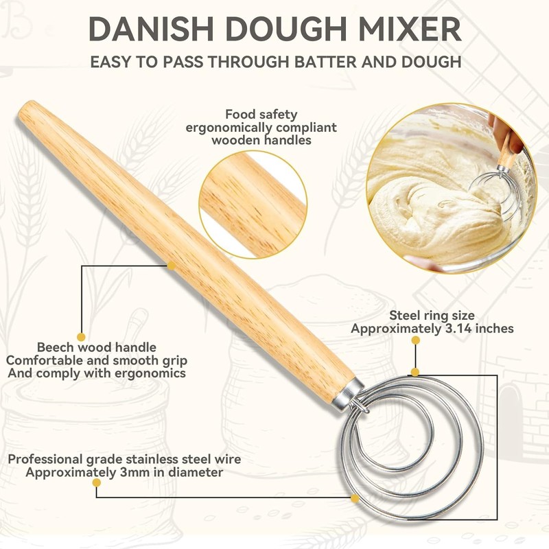 Bread Making Tools Set of 3, Danish Dough Whisk, Bench