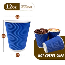 Vamei Coffee Cups 12 oz - 100 Pack, Disposable Paper Coffee Cups Insulated, Corrugated Kraft Ripple Wall Cup for Hot Beverage or Cold Drinks (Blue)