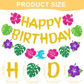 Hawaiian Birthday Party Decorations, 3 Pcs Tropical Hibiscus and Palm Leaf Happy Birthday Banners, Luau Summer Party Supplies for Kids or Adults