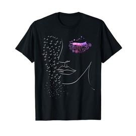 Female Minimalist Face Art - Pink Flower Eye Lashes & Stars T-Shirt