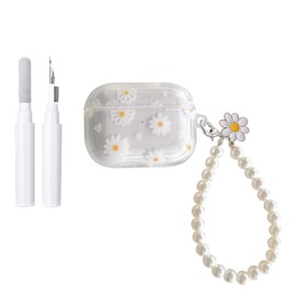 Fycyko Compatible for AirPods Pro 2 Case Soft TPU with Cleaner Kit Cute Little Daisy Flowers Design Shockproof Pearl Keychain Cover for Girls Woman for Airpods Pro 2-White