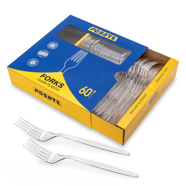 POSATE Heavy Duty Plastic Forks, Clear Disposable, Pack of 60