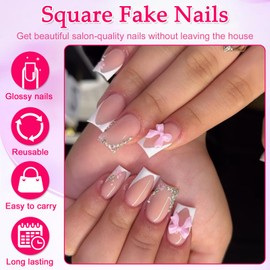 Ceboic 24Pcs Press on Nails Eckig, Mittel Nude Pink Nägel zum Aufkleben 3D Schleife & Glitzer Strasssteine Full Cover Kunstnägel Fake Nails, French Künstliche Nägel für Frauen Mädchen DIY Maniküre