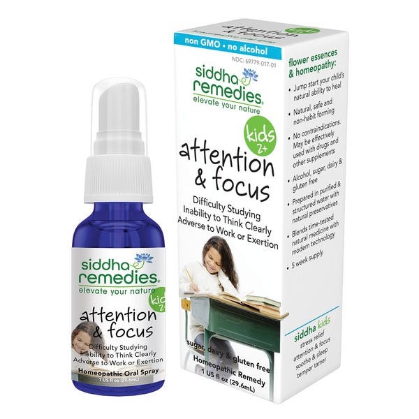 Siddha Remedies Attention & Focus for Kids Focus Homeopathic Oral Spray for Children, Treats Difficulty Studying, Concentration, Restlessness 100% Natural Non GMO Free of Gluten Alcohol Sugar Dairy