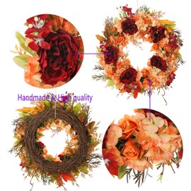 Fall Wreaths for Front Door Fall Decoration for Home Fall Deco for Home Outside Door Wreath for Rustic Farmhouse Thanksgiving Autumn Front Door Decor (Orange & Red)