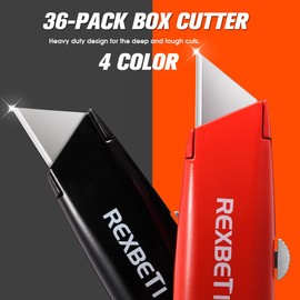 REXBETI 36 Pack Utility Knife Retractable Box Cutter, 4 Color Heavy Duty Aluminum Shell Knife Sets with Extra 30pc SK5 Blades for Cartons, Cardboard and Boxes