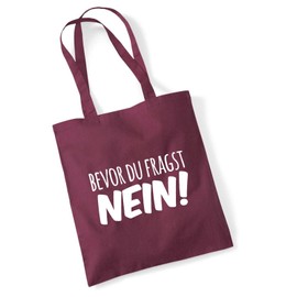 huuraa Jute Bag with German Text "Bevor du Fragst Nein" [German Language] Cotton 10 Litres with Funny Motif Gift Idea for Friends and Family, burgundy