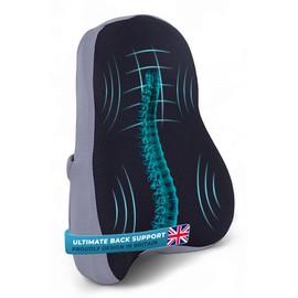 Comfortpad Britain Memory Foam Back Lumbar Support Cushion, for Office Chairs, Cars, Home, with strap in Black & Grey 53cm x 48cm