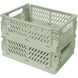 Small Pastel Plastic Storage Bins 2Pcs Foldable Pastel Crates Plastic Basket Colorful Storage Containers Baskets for Classroom Kitchen Office Bedroom Desktop Home Decor (Green 9.8" x 6.5" x 3.8")