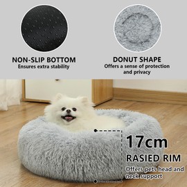 Belababy Donut Dog Cat Bed, Calming Doughnut Fluffy Dog Cat Bed Small Medium Large Washable with Soft Plush, Anti Anxiety Round Dog Puppy Bed with Anti-Slip Bottom (XS, Light Grey)