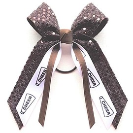 Cheerleading Soft Touch Sequin Hair Bow, Made in the USA, White Pony Band (Brown)