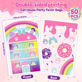 GaofanWai 50PCS Cat House Party Favor Bags for Kid Boy Girl, Cute Cartoon Cat Theme Candy Gift Plastic Bag Bulk with Handle, Cartoon Dollhouse Theme Goodies Bag for Birthday Party Supplies Baby Shower