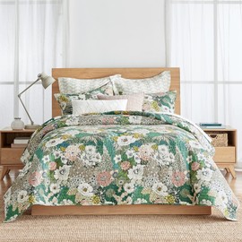 Levtex Home - Bettina Quilt Set - Full/Queen Quilt and Two Standard Shams - Floral - Teal, Blue, Green, Mauve, Cream - Quilt (88x92in.) and Shams (20x26in.) - Reversible - Cotton