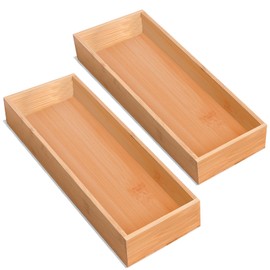 guiogc Set of 2 Bamboo Drawer Organizer, Stackable Utensil Organizer for Kitchen, Bamboo Storage Box Wood Silverware Tray for Drawer