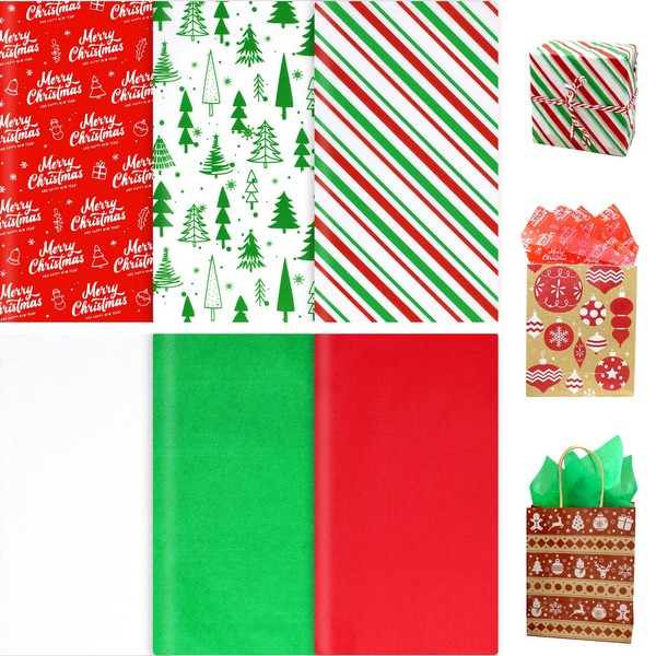 120 Sheets Christmas Tissue Paper for Gift Bags Wrapping, Assortment Holiday Tissue Paper for Gift Wrapping, Gift Decoration, Art & Craft (20 x 20 inches)