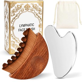 100% Wood Handle Lymphatic Contour Face Brush Stainless Steel Facial Gua Sha Tool Set, for Lymphatic Drainage, Sculpting Massage, Anti-Puffiness, Detox and Lifting
