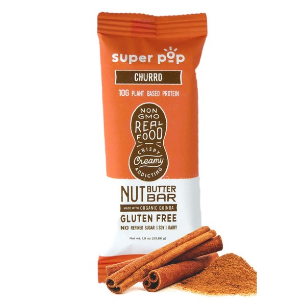 Super Pop, Clean Plant Based Protein Bars, ​Peanut Butter Bars, ​Low Sugar, Delicious, Gluten Free, No Sugar Alcohols, Intermittent Fasting Bar, Healthy Snack,10g Protein, Churro (12 pack)