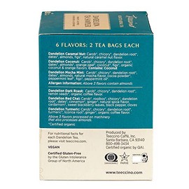 Teeccino Muestra de té de diente de león – Caramel, coco, tostado oscuro, menta moca, chai rojo, cúrcuma – Té de hierbas sin cafeína y preb. 6 Sabores, Sin Cafeína, 12 Bolsitas de Té, 72g
