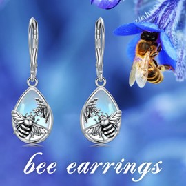 SIMONLY Bee Leverback Earrings 925 Sterling Silver Moonstone Bee Earrings for Women Bee Jewelry Christmas Birthday presents