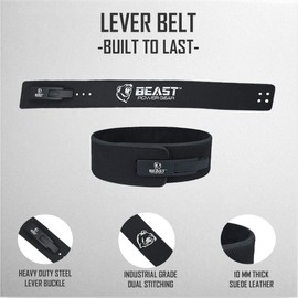Beastpowergear Weight Lifting Belt With Lever Buckle 4" wide,10mm Thick |Genuine Leather | Back Support. (Black/Black, Small)