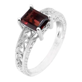 Filigree Sterling Silver Emerald Cut Natural Gemstone Statement Ring (garnet, 6)