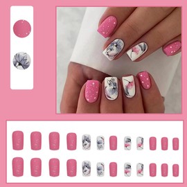 AkiliBIELY Square Press on Nails Short Medium Black Pink White Floral Fantasy Fake Nails Women Glue on Nails Acrylic Gel Stick on Nails Cute Classy Aesthetic False Nails Wedding Birthday