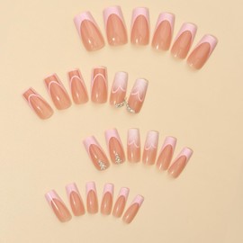 Pink French Tip Press on Nails Medium Square Valentines Day Fake Nails with Glue Pink Love Heart Design Rhinestone Charms False Nails Valentine Glue on Nails Artificial Stick on Nails for Women Girls