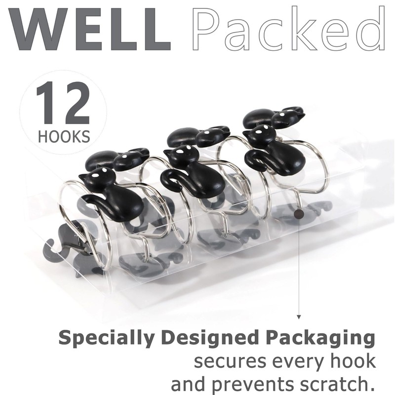 Spooky Halloween Shower Curtain Hooks: Black Cat Decorative Rings, 12Pcs