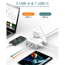 Addtam Surge Protector Power Strip - 8 Widely Outlets with 4 USB Ports(1 USB C Outlet), Addtam 3-Side Outlet Extender Strip with 5Ft Extension Cord, Flat Plug, Wall Mount for Dorm Home Office, ETL Listed