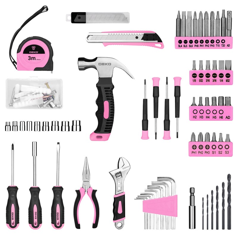 DEKOPRO Drill Set, Home Tool Set with 8V Pink Cordless