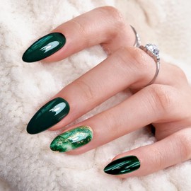 French Tip Press On Nails Almond - FSUYA Press on Nails Medium, Marble Design Jelly Glue On Nails, Natural Reusable Stick On Nails in 12 Sizes - 24 Fake Nails Kit, Green