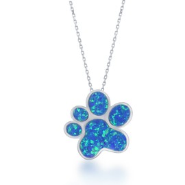 Beaux Bijoux Sterling Silver Created Blue Opal Paw Print Pendant with 18" Chain