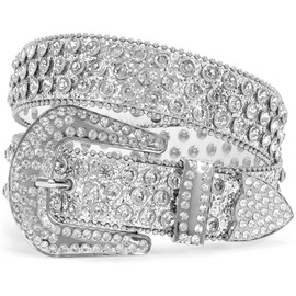 XZQTIVE Cowgirl Bling Studded Leather Belts for Jeans Pants with Rhinestone and Western Silver Buckle, Unisex(All Silver, Fit waist 34-36 inch)