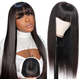 Women's Straight Human Hair Wig with Bangs, 2 x 1 Lace Front Wig Human Hair for Black Women, Wear And Go Glueless Wig Human Hair Wig Black with Fringe 26 Inches