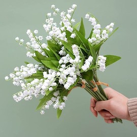 OUKEYI 12 Branch Lily of The Valley Artificial Flowers, Lily of The Valley Plastic Flower ，Outdoor Bridal Wedding Bouquet for Home Garden Party Wedding Decoration (White)