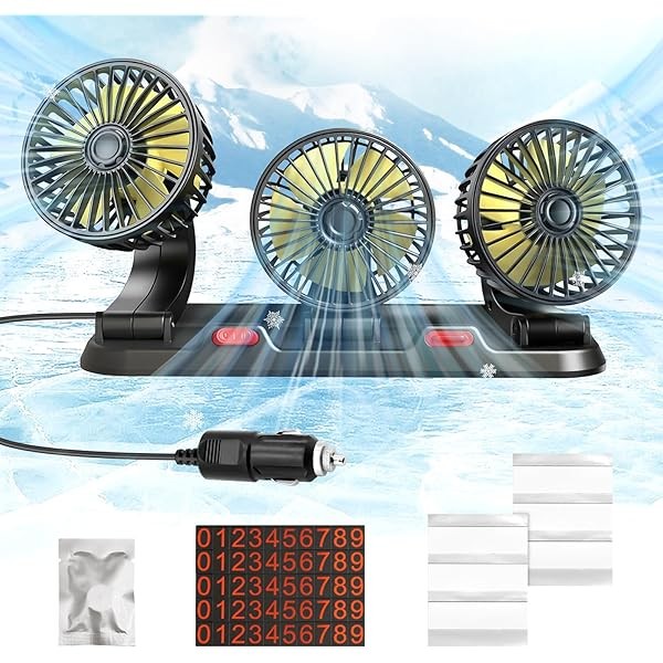 Portable 3-Head Car Cooling Fan - 2-Speed Adjustable, 360° Rotating,
