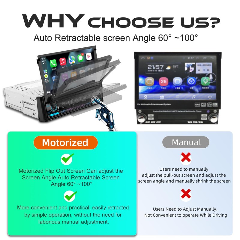 (2025 Motorized) Single Din Apple Carplay Car Stereo with Android