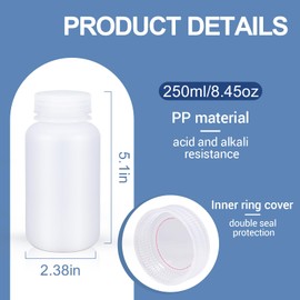 ASEVAT 2 Pcs 8.4oz Plastic Reagent Bottle, Laboratory Grade Polypropylene Wide Mouth with Screw Cap, Plastic Sample Bottles for Classrooms or Storage at Home (Translucent)