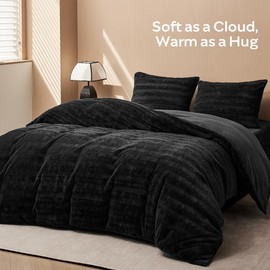 JELLYMONI Fluffy Duvet Cover Set Queen Size, 3pcs Striped Fuzzy Duvet Cover Sets, Faux Fur Comforter Cover Velvet Bedding Set, Duvet Cover & 2 Pillow Shams, Black