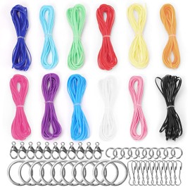 Wokape 5 Metros/5.47 Yardas de Cordón de Plástico, 12 Colores de Cordón con Anillas para Llaveros, Clips y Pinzas de Langosta, Juego de Cordones Elásticos de Colores Brillantes para Llaveros, Pulseras, Abalorios y Bisutería, DIY Craft