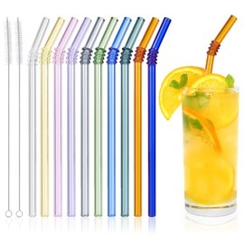10 Pcs Reusable Bent Colored Glass Straws,8''x8 mm Shatter Resistant Cute Drinking Straws with 2 Cleaner Brush for 16 oz 18 oz Glass Cups and Home Drink Cups